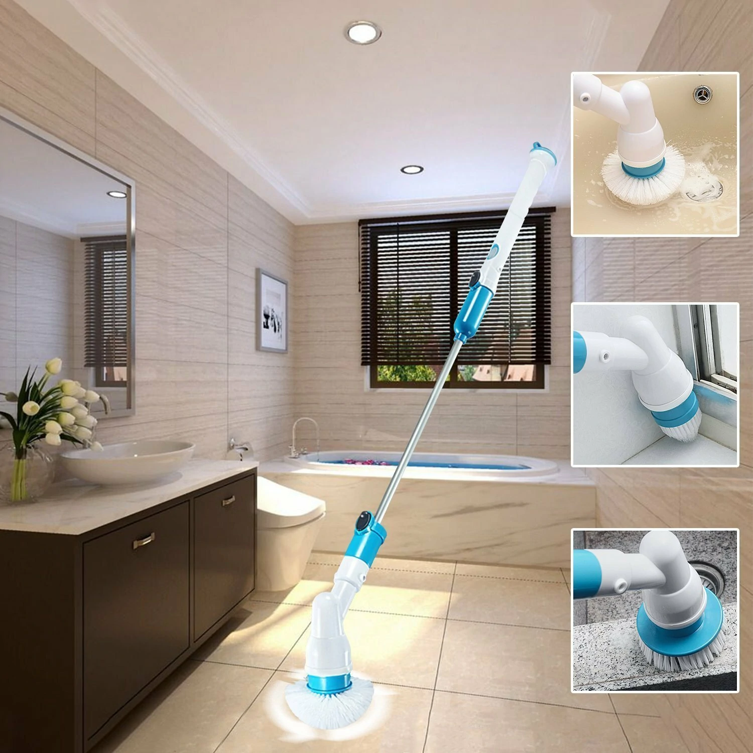 (image for) Rechargeable Bathtub Tiles Power Floor Cleaner Brush Cordless Handle Telescopic Cleaning Mops Tools With 3 Replaceable Brush Heads